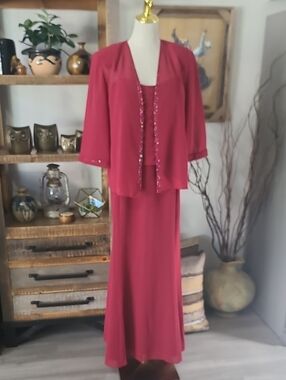 Karen Miller  Sequin-Trim Red Evening Dress with Jacket